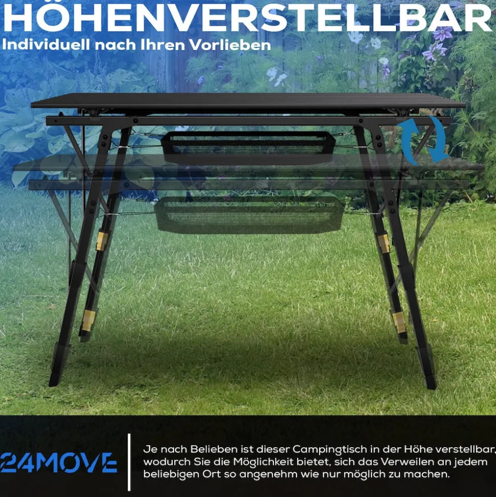 24MOVE® Campingtisch Klapptisch mit Aluminiumrahmen, Tischplatte aufrollbar, Falttisch klappbar, höhenverstellbar, inkl. Tragetasche - bis 30 kg, Anthrazitgrau