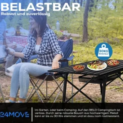 24MOVE® Campingtisch Klapptisch mit Aluminiumrahmen, Tischplatte aufrollbar, Falttisch klappbar, höhenverstellbar, inkl. Tragetasche - bis 30 kg, Anthrazitgrau