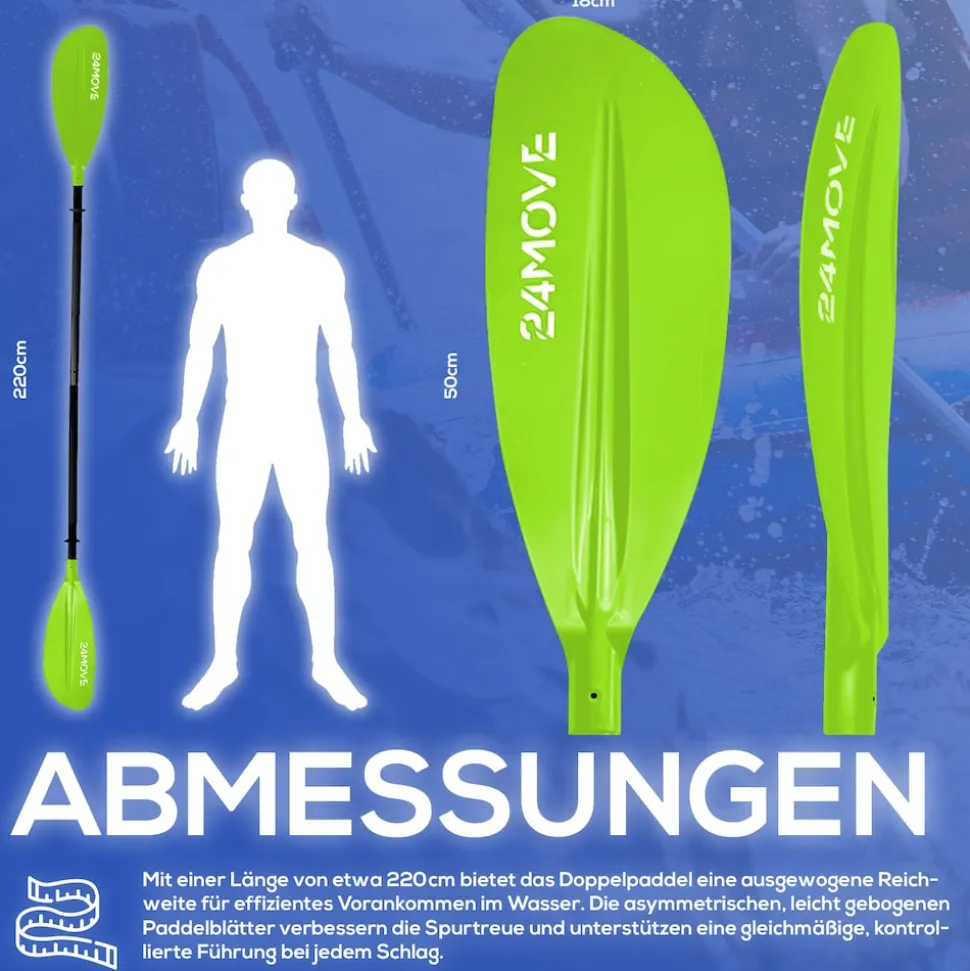 24MOVE® Doppelpaddel LAGO Aluminium Paddel, Stand-Up Paddling, Paddel für Kajak, 220 cm, verstellbar