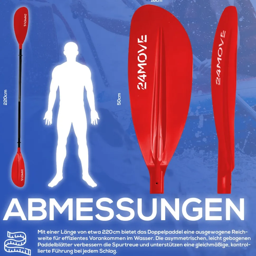 24MOVE® Doppelpaddel LAGO Aluminium Paddel, Stand-Up Paddling, Paddel für Kajak, 220 cm, verstellbar