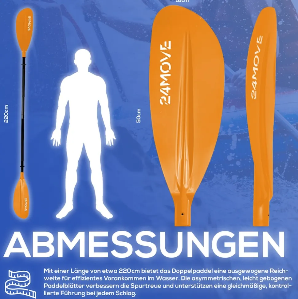 24MOVE® Doppelpaddel LAGO Aluminium Paddel, Stand-Up Paddling, Paddel für Kajak, 220 cm, verstellbar