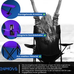 24MOVE® Faltstuhl lila Campingstuhl Anglerstuhl mit Getränkehalter - Anglersessel klappbar - Klappstuhl Gartenstuhl Faltstuhl Relaxsessel Campingsessel faltbar, Polyester, für draußen oder drinnen