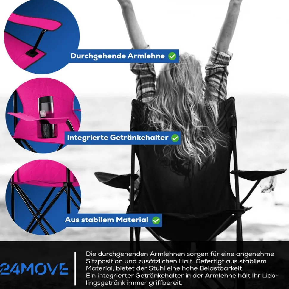24MOVE® Faltstuhl pink Campingstuhl Anglerstuhl mit Getränkehalter - Anglersessel klappbar - Klappstuhl Gartenstuhl Faltstuhl Relaxsessel Campingsessel faltbar, Polyester, für draußen oder drinnen