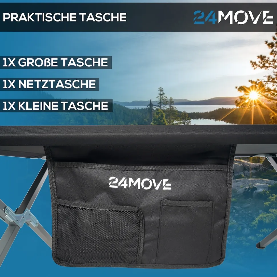 24MOVE® Feldbett Campingbett bis 200 kg In-und Outdoor Camping faltbar, inkl. Tragetasche für einfachen Transport