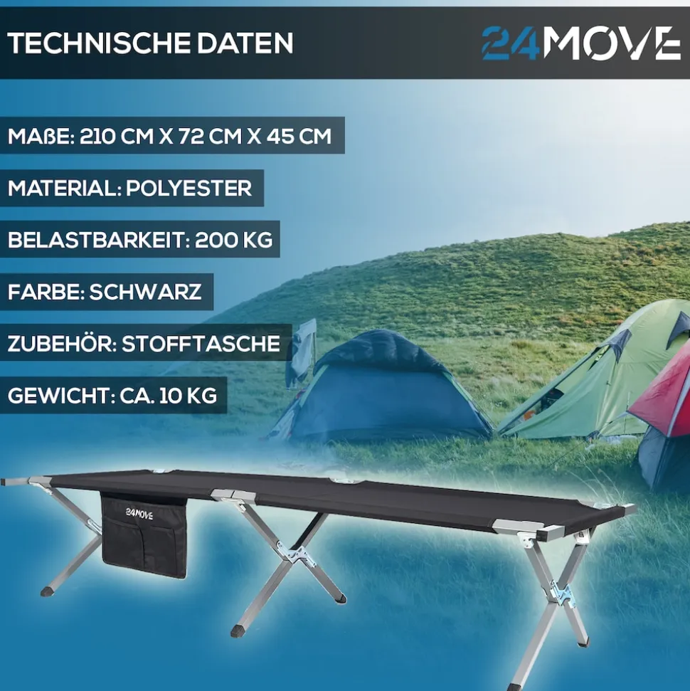 24MOVE® Feldbett Campingbett bis 200 kg In-und Outdoor Camping faltbar, inkl. Tragetasche für einfachen Transport