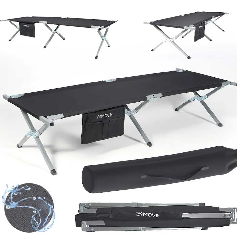 24MOVE® Feldbett Campingbett bis 200 kg In-und Outdoor Camping faltbar, inkl. Tragetasche für einfachen Transport