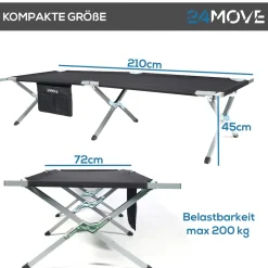 24MOVE® Feldbett Campingbett bis 200 kg In-und Outdoor Camping faltbar, inkl. Tragetasche für einfachen Transport