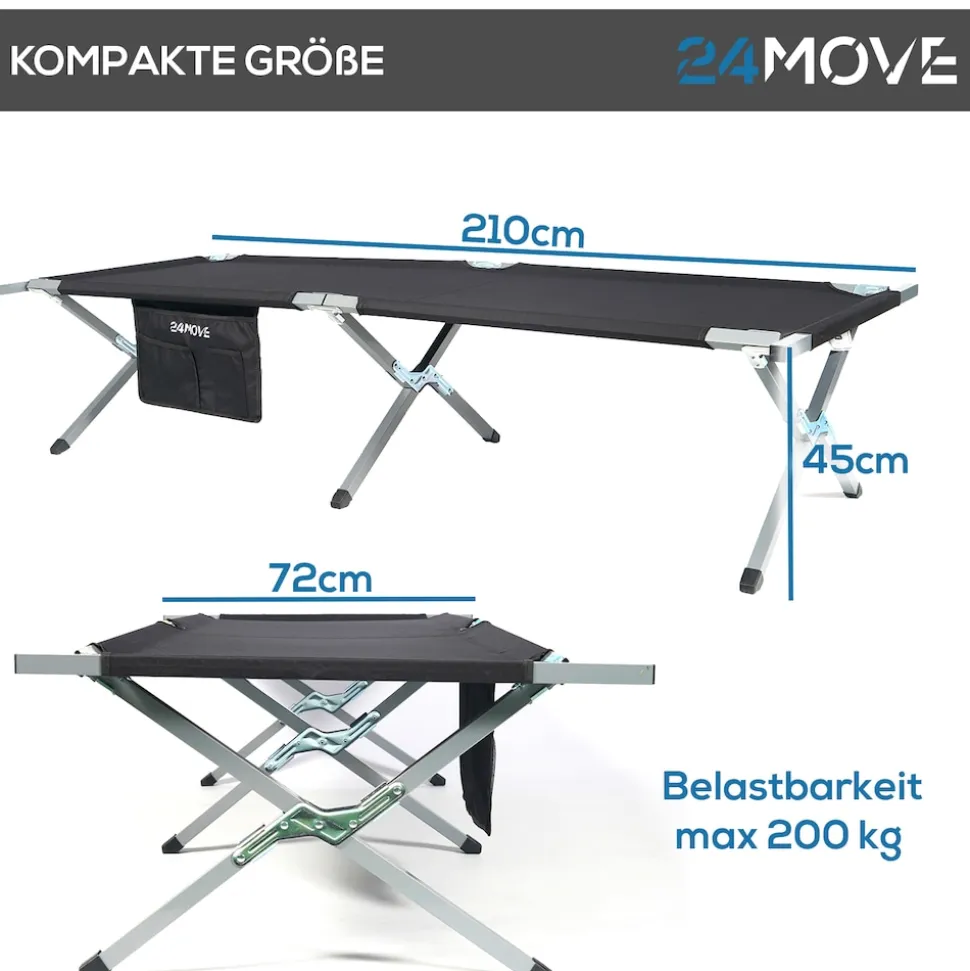 24MOVE® Feldbett Campingbett bis 200 kg In-und Outdoor Camping faltbar, inkl. Tragetasche für einfachen Transport