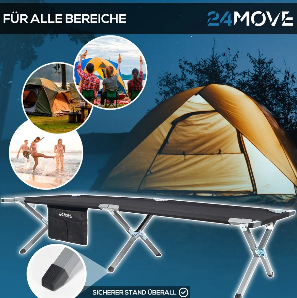 24MOVE® Feldbett Campingbett bis 200 kg In-und Outdoor Camping faltbar, inkl. Tragetasche für einfachen Transport