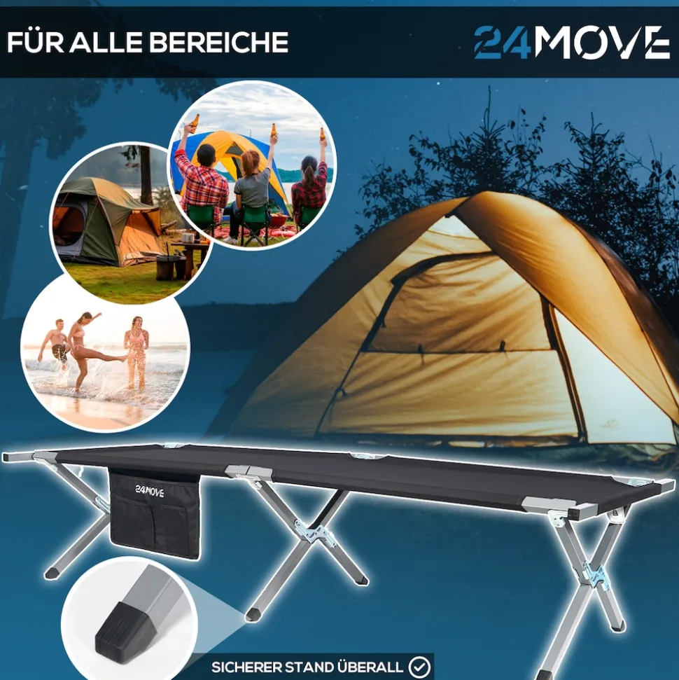 24MOVE® Feldbett Campingbett bis 200 kg In-und Outdoor Camping faltbar, inkl. Tragetasche für einfachen Transport
