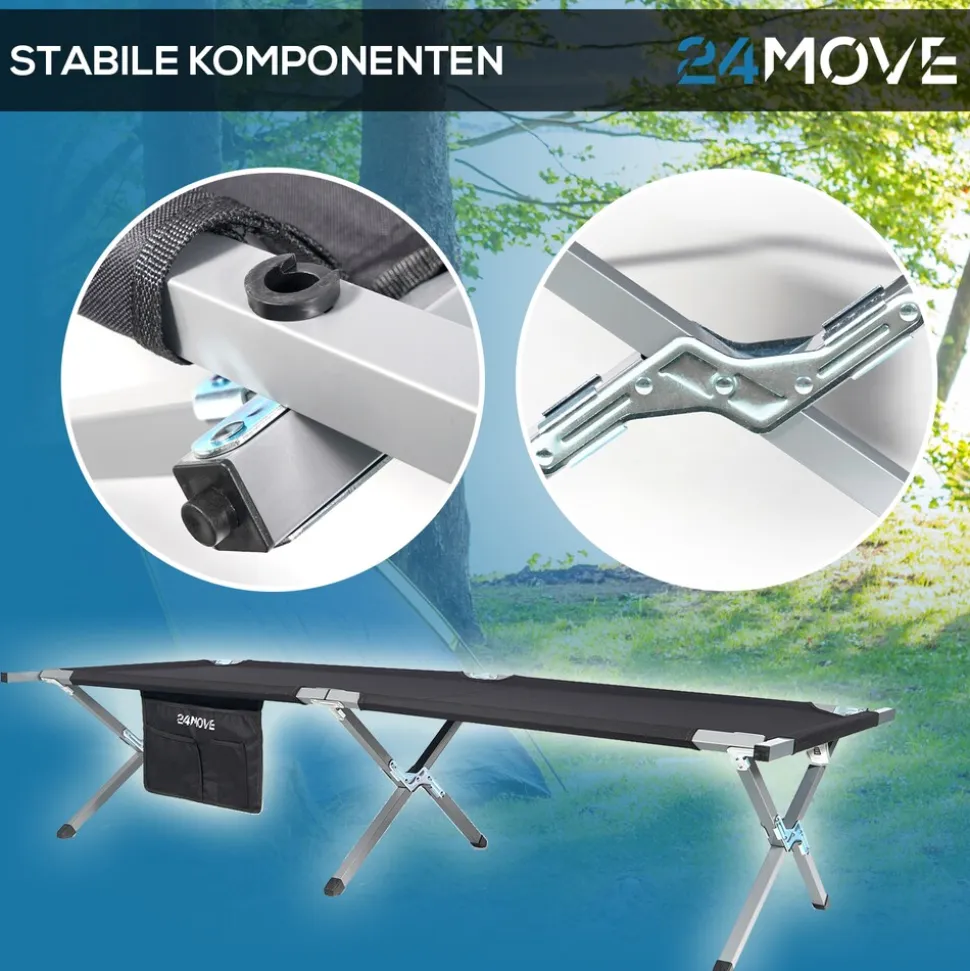 24MOVE® Feldbett Campingbett bis 200 kg In-und Outdoor Camping faltbar, inkl. Tragetasche für einfachen Transport
