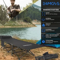 24MOVE® Feldbett Campingbett bis 150 kg In-und Outdoor Camping faltbar mit Seitentasche und Kissen
