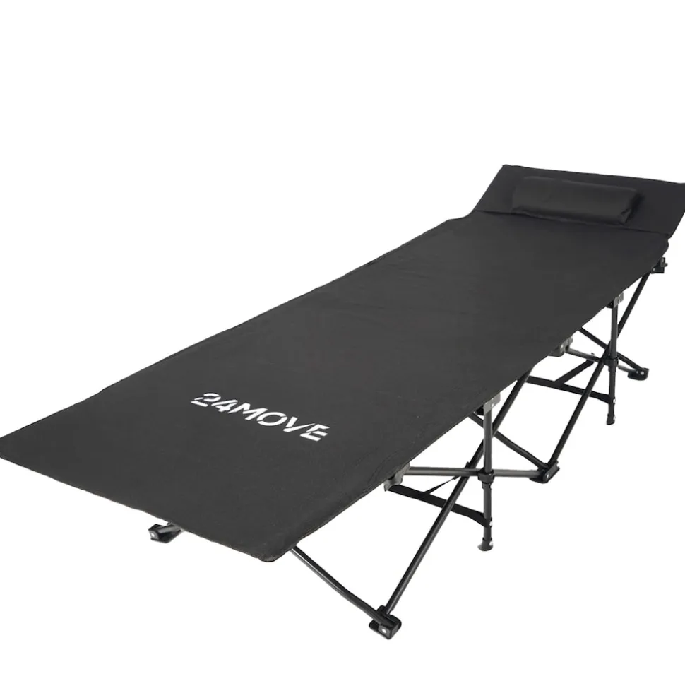 24MOVE® Feldbett Campingbett bis 150 kg In-und Outdoor Camping faltbar mit Seitentasche und Kissen