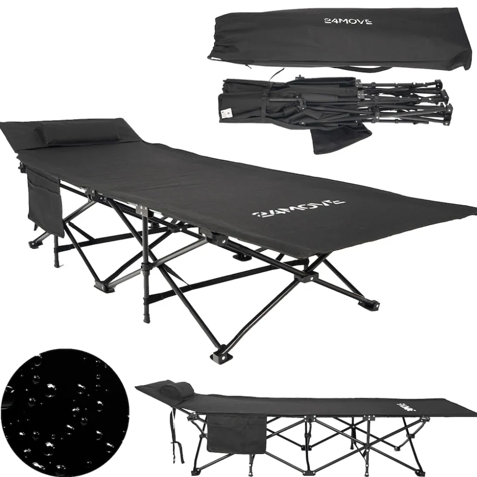24MOVE® Feldbett Campingbett bis 150 kg In-und Outdoor Camping faltbar mit Seitentasche und Kissen