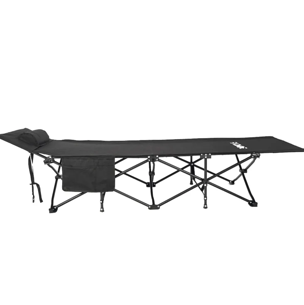 24MOVE® Feldbett Campingbett bis 150 kg In-und Outdoor Camping faltbar mit Seitentasche und Kissen