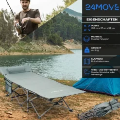 24MOVE® Feldbett Campingbett bis 150 kg In-und Outdoor Camping faltbar mit Seitentasche und Kissen