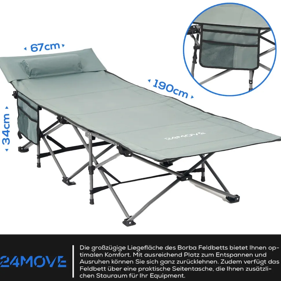 24MOVE® Feldbett Campingbett bis 150 kg In-und Outdoor Camping faltbar mit Seitentasche und Kissen