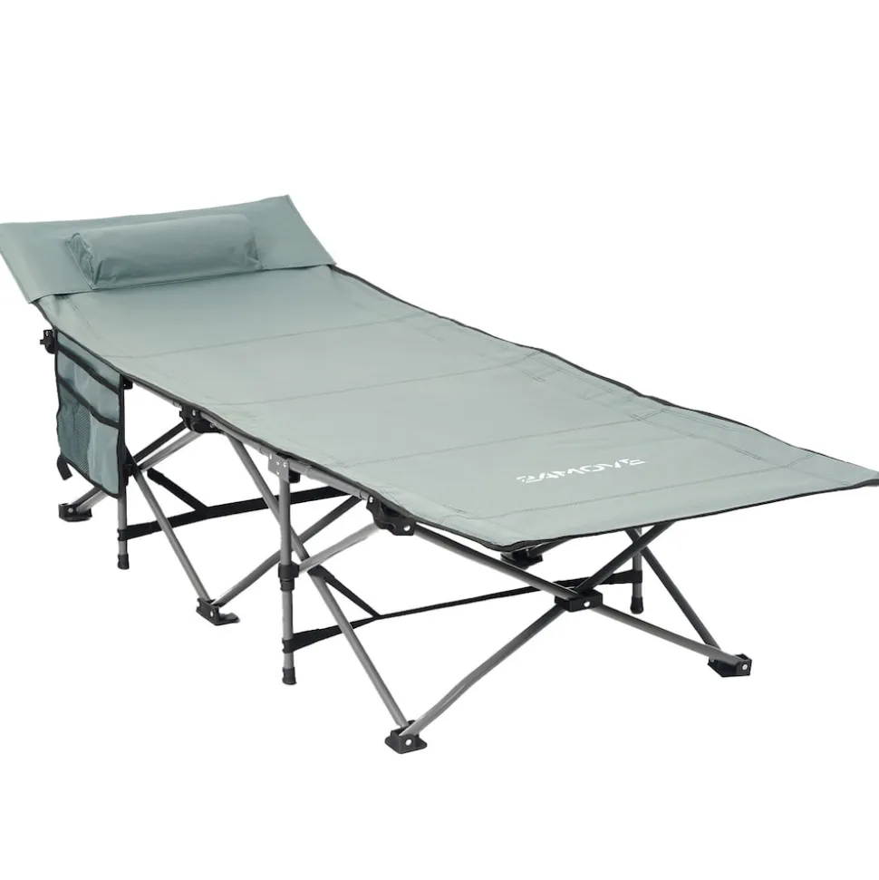 24MOVE® Feldbett Campingbett bis 150 kg In-und Outdoor Camping faltbar mit Seitentasche und Kissen