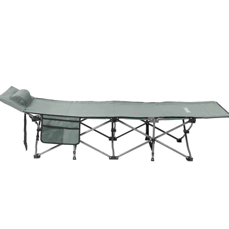 24MOVE® Feldbett Campingbett bis 150 kg In-und Outdoor Camping faltbar mit Seitentasche und Kissen