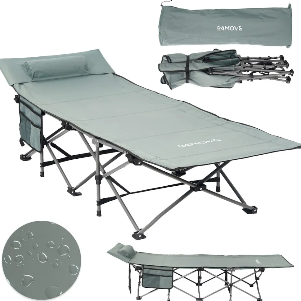 24MOVE® Feldbett Campingbett bis 150 kg In-und Outdoor Camping faltbar mit Seitentasche und Kissen