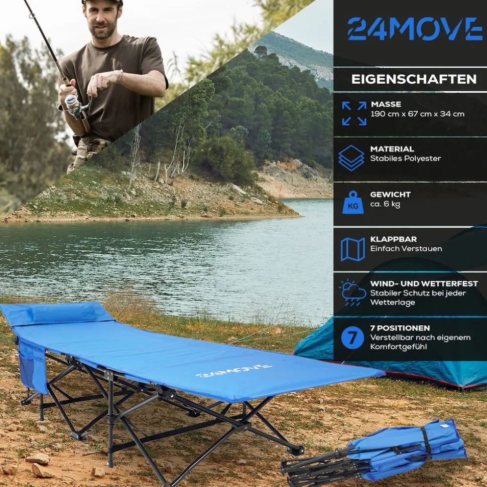24MOVE® Feldbett Campingbett bis 150 kg In-und Outdoor Camping faltbar mit Seitentasche und Kissen