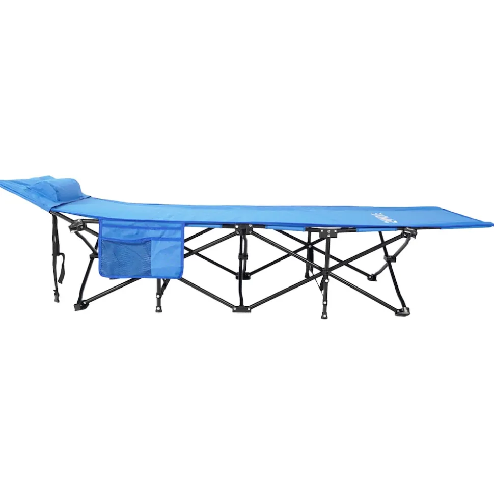 24MOVE® Feldbett Campingbett bis 150 kg In-und Outdoor Camping faltbar mit Seitentasche und Kissen
