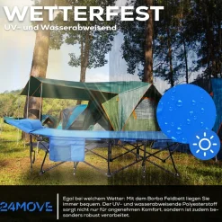 24MOVE® Feldbett Campingbett bis 150 kg In-und Outdoor Camping faltbar mit Seitentasche und Kissen
