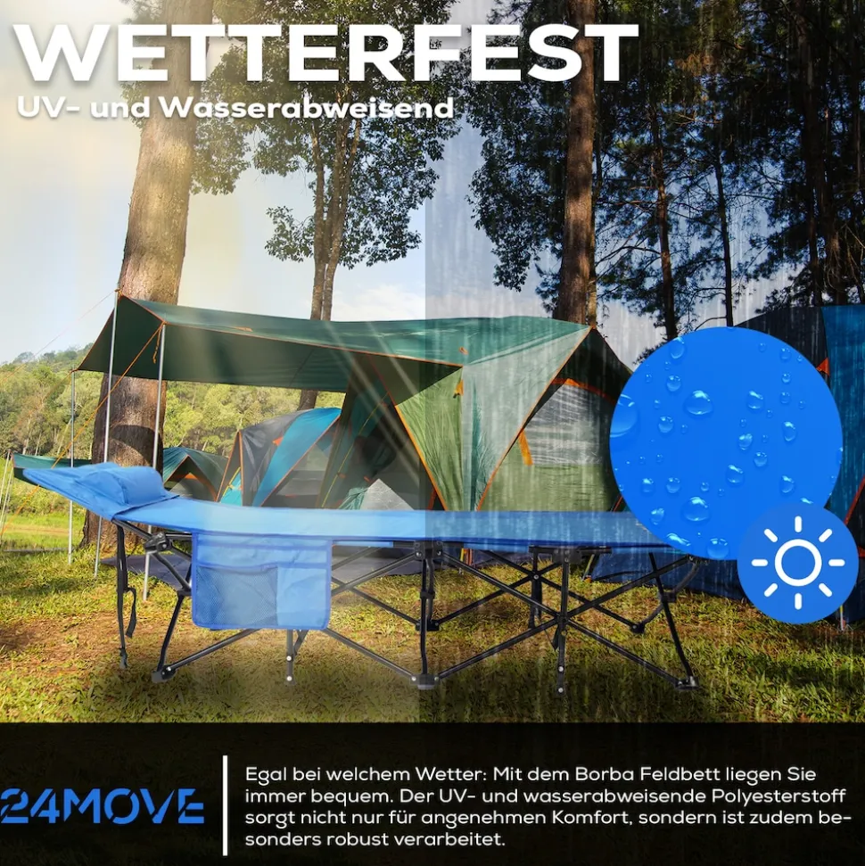 24MOVE® Feldbett Campingbett bis 150 kg In-und Outdoor Camping faltbar mit Seitentasche und Kissen