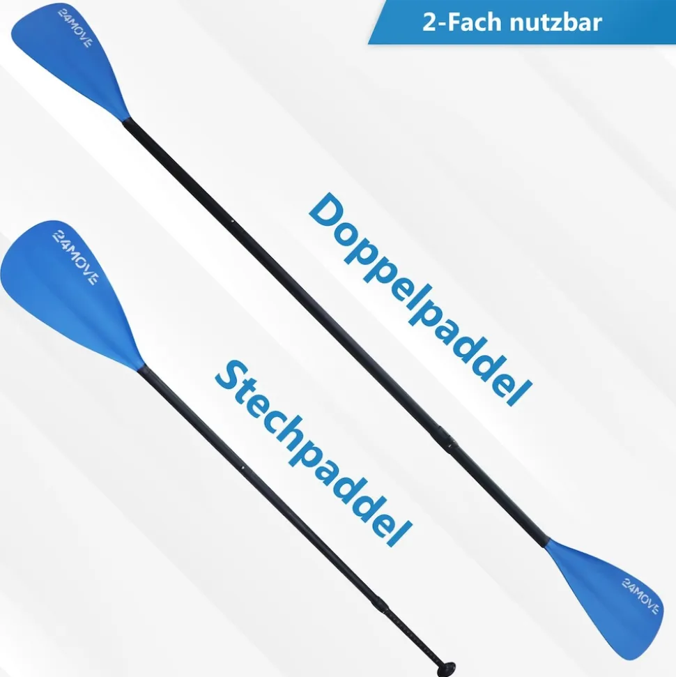 24MOVE® Paddel Doppelpaddel 2 in 1 Teleskoppaddel Stechpaddel für SUP Stand Up Board , Kajak, Aluminium 230cm, Blau