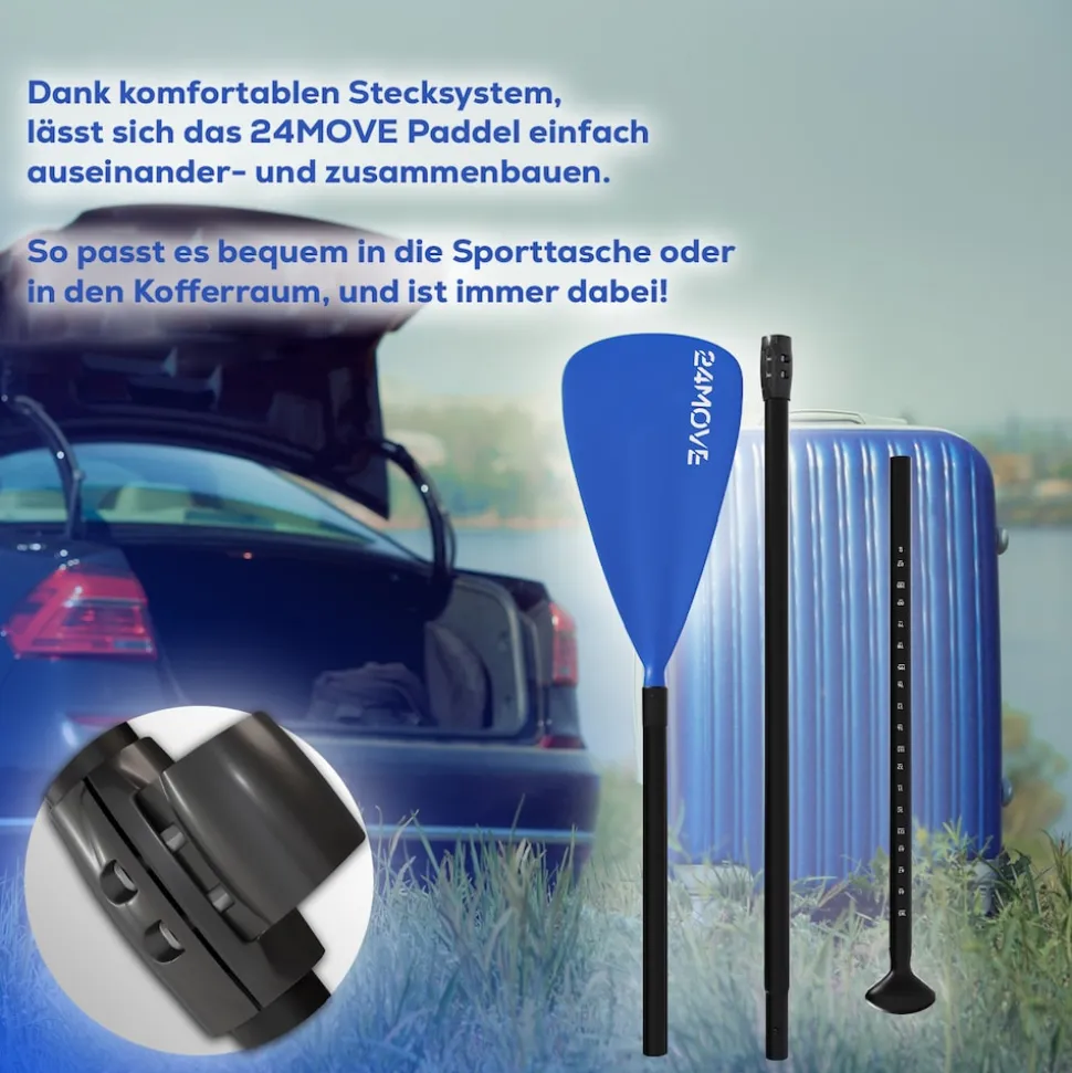 24MOVE® Paddel Einzelpaddel Stechpaddel für SUP Stand Up Board, Kajak, Leicht aus Aluminium 210cm, verstellbar blau