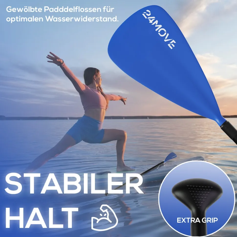 24MOVE® Paddel Einzelpaddel Stechpaddel für SUP Stand Up Board, Kajak, Leicht aus Aluminium 210cm, verstellbar blau