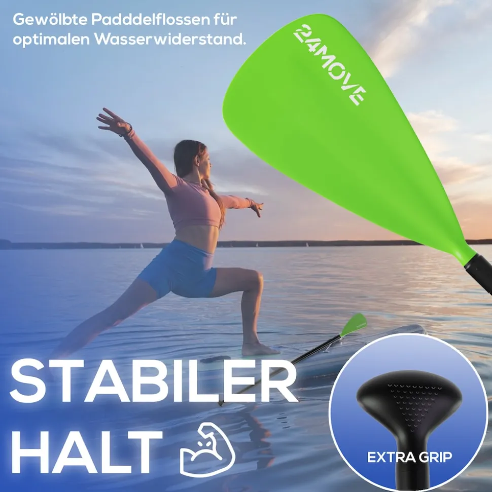 24MOVE® Paddel Einzelpaddel Stechpaddel für SUP Stand Up Board, Kajak, Leicht aus Aluminium 210cm, verstellbar grün