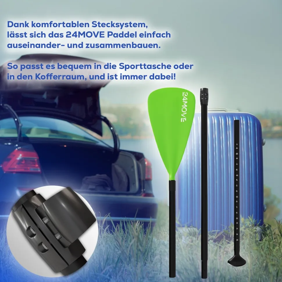 24MOVE® Paddel Einzelpaddel Stechpaddel für SUP Stand Up Board, Kajak, Leicht aus Aluminium 210cm, verstellbar grün