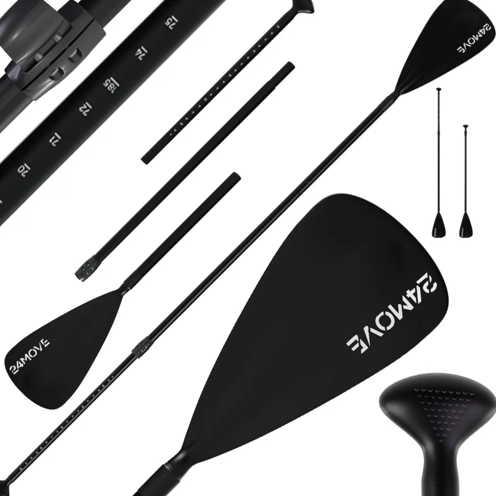 24MOVE® Paddel Einzelpaddel Stechpaddel für SUP Stand Up Board, Kajak, Leicht aus Aluminium 210cm, verstellbar schwarz