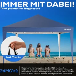 24MOVE® Pavillon Santos 3x3m Pop-Up UV-Schutz 50+ Wasserdicht & winterfest mit Tasche faltbar & stabil, für Camping & Garten Faltpavillon - Partyzelt Blaullon Faltpavillion SANTOS 3x3M Pop Up wasserdicht klappbar, blau