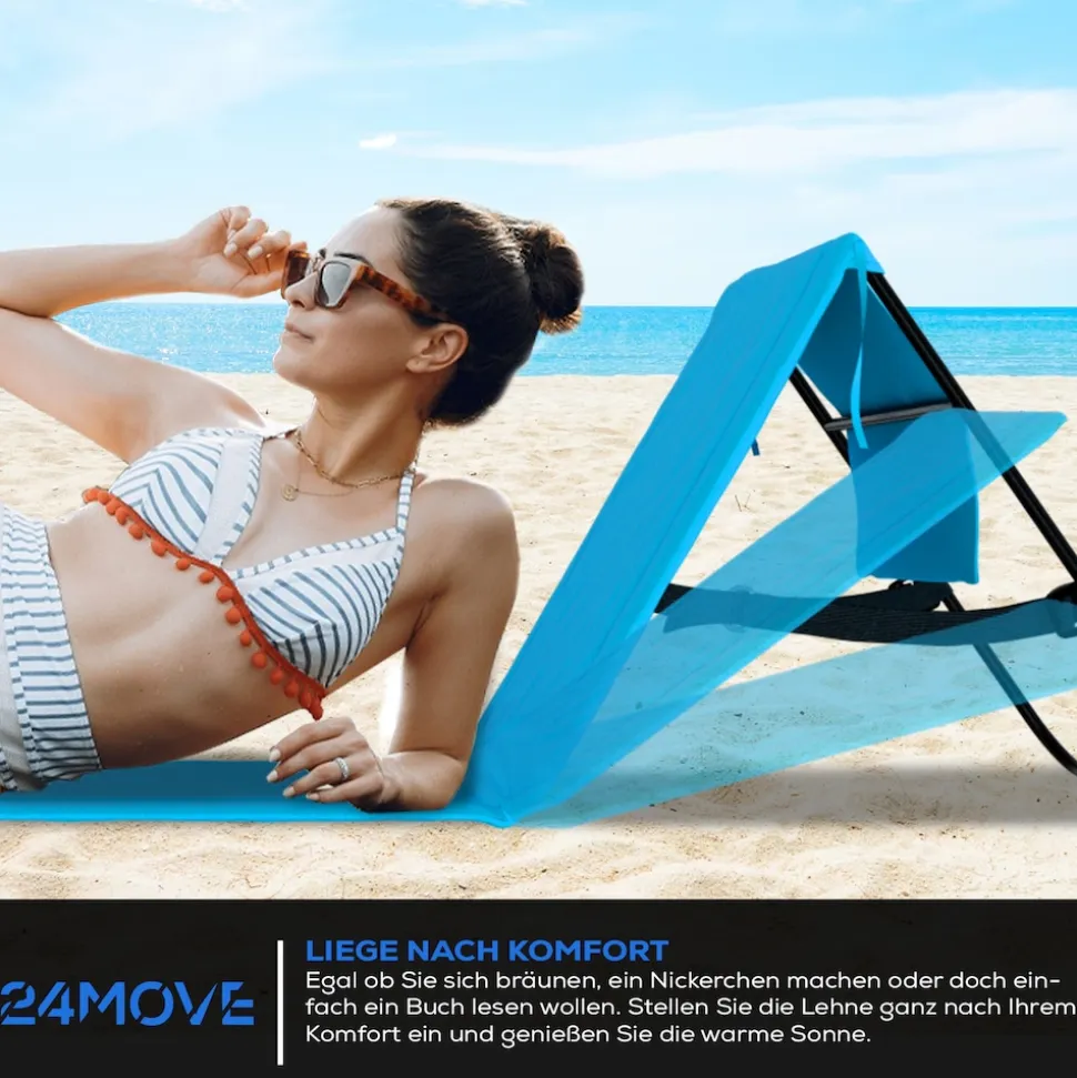 24MOVE® Strandmatte 2er Set klappbar mit Rückenlehne, Strandliege mit Gurt, tragbar für Strand und Garten, Liegematte blau