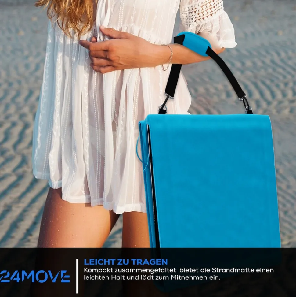 24MOVE® Strandmatte 2er Set klappbar mit Rückenlehne, Strandliege mit Gurt, tragbar für Strand und Garten, Liegematte blau