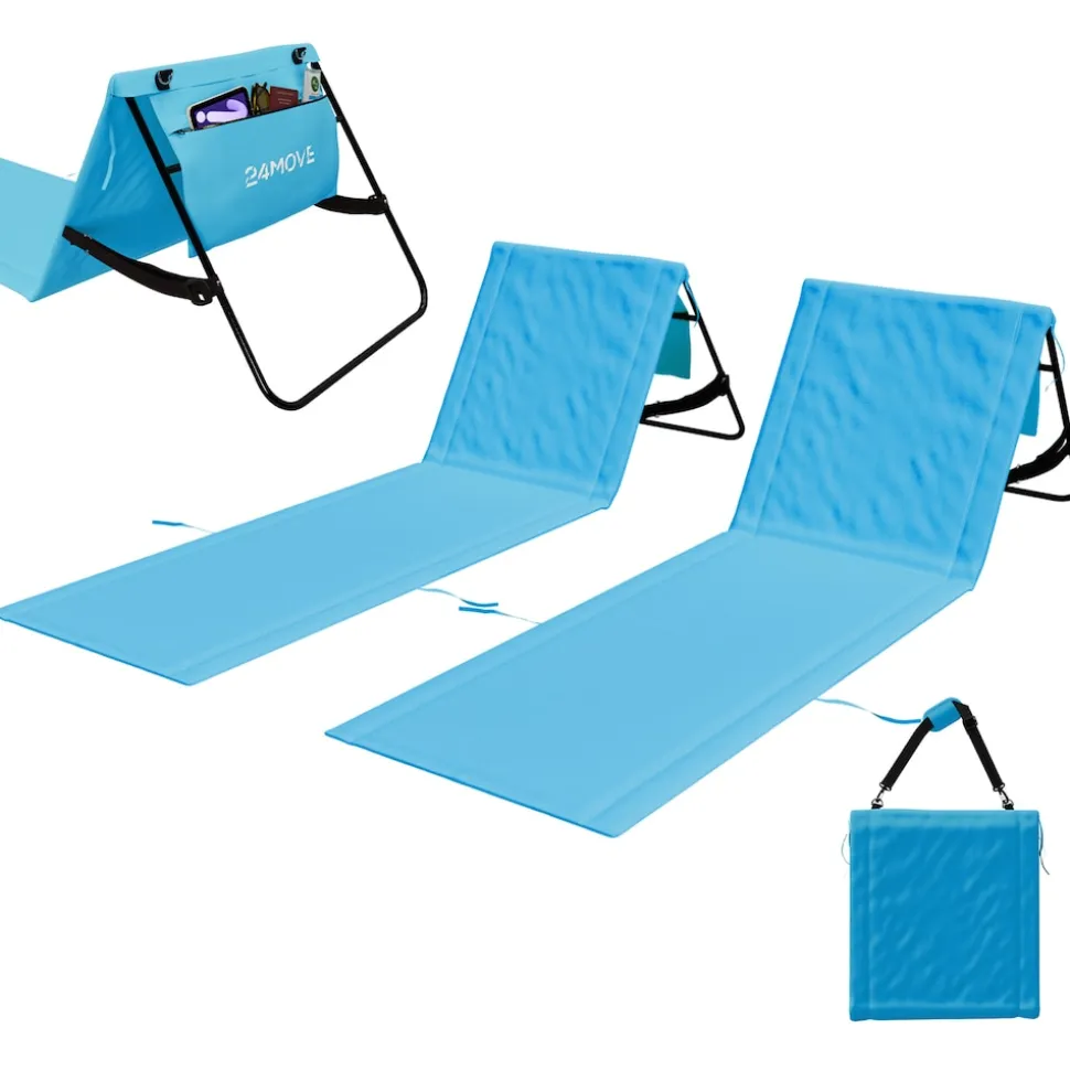24MOVE® Strandmatte 2er Set klappbar mit Rückenlehne, Strandliege mit Gurt, tragbar für Strand und Garten, Liegematte blau