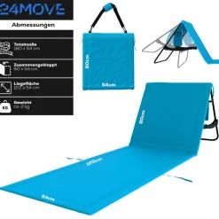 24MOVE® Strandmatte 2er Set klappbar mit Rückenlehne, Strandliege mit Gurt, tragbar für Strand und Garten, Liegematte blau