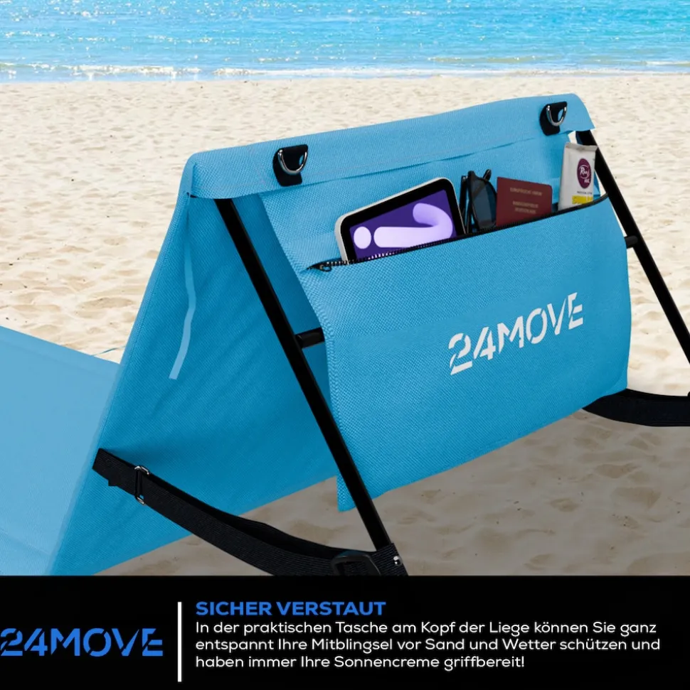 24MOVE® Strandmatte 2er Set klappbar mit Rückenlehne, Strandliege mit Gurt, tragbar für Strand und Garten, Liegematte blau