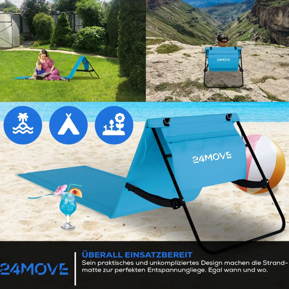 24MOVE® Strandmatte 2er Set klappbar mit Rückenlehne, Strandliege mit Gurt, tragbar für Strand und Garten, Liegematte blau