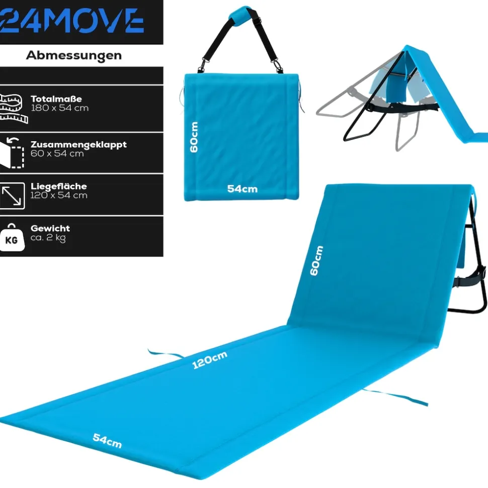 24MOVE® Strandmatte 2er Set klappbar mit Rückenlehne, Strandliege mit Gurt, tragbar für Strand und Garten, Liegematte blau