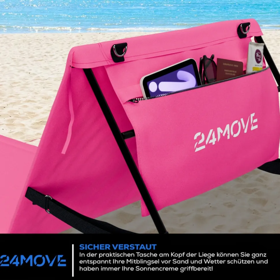 24MOVE® Strandmatte 2er Set klappbar mit Rückenlehne, Strandliege mit Gurt, tragbar für Strand und Garten, Liegematte rosa