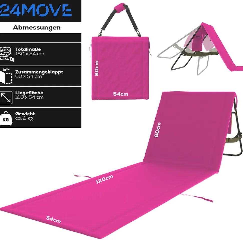 24MOVE® Strandmatte 2er Set klappbar mit Rückenlehne, Strandliege mit Gurt, tragbar für Strand und Garten, Liegematte rosa