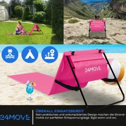 24MOVE® Strandmatte 2er Set klappbar mit Rückenlehne, Strandliege mit Gurt, tragbar für Strand und Garten, Liegematte rosa