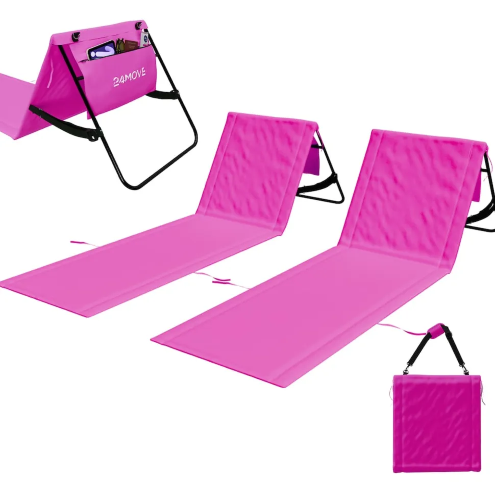 24MOVE® Strandmatte 2er Set klappbar mit Rückenlehne, Strandliege mit Gurt, tragbar für Strand und Garten, Liegematte rosa
