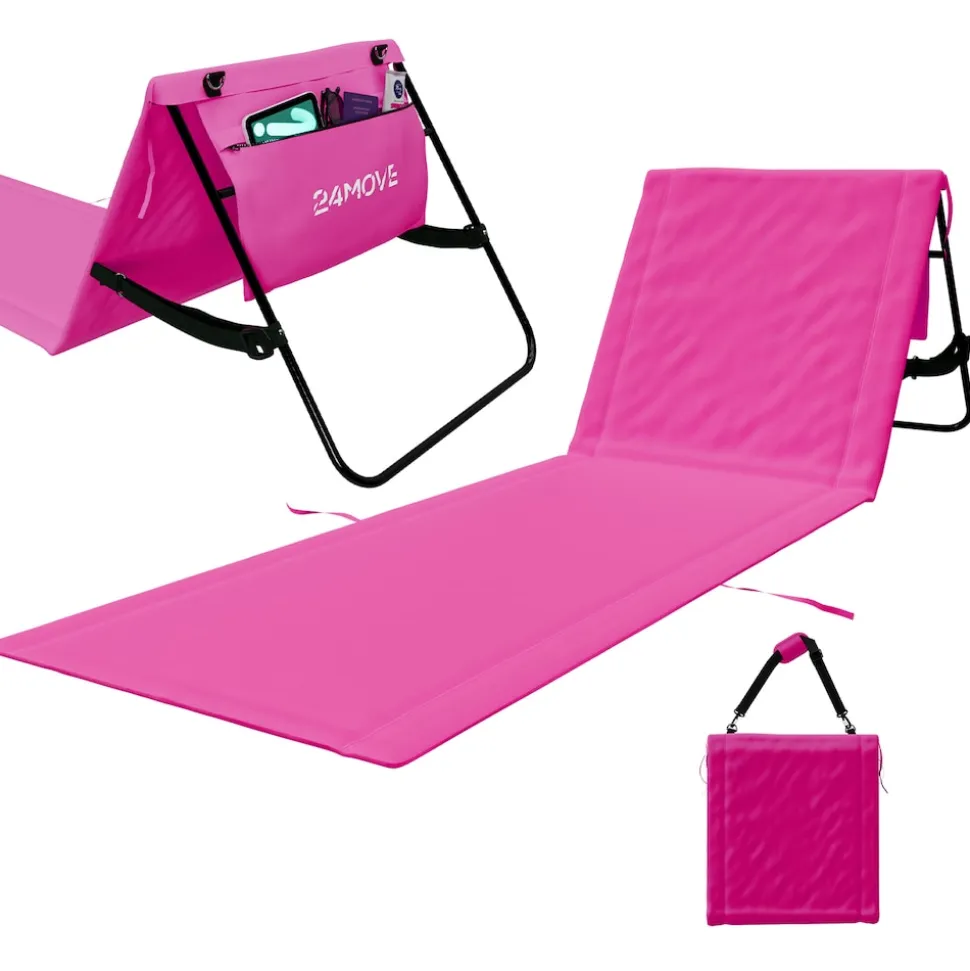 24MOVE® Strandmatte 1er Set klappbar mit Rückenlehne, Strandliege mit Gurt, tragbar für Strand und Garten, Liegematte rosa