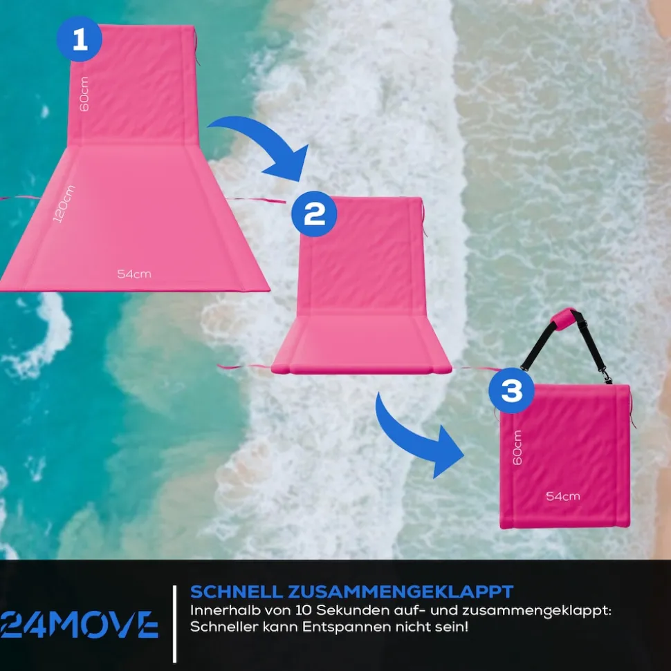 24MOVE® Strandmatte 1er Set klappbar mit Rückenlehne, Strandliege mit Gurt, tragbar für Strand und Garten, Liegematte rosa