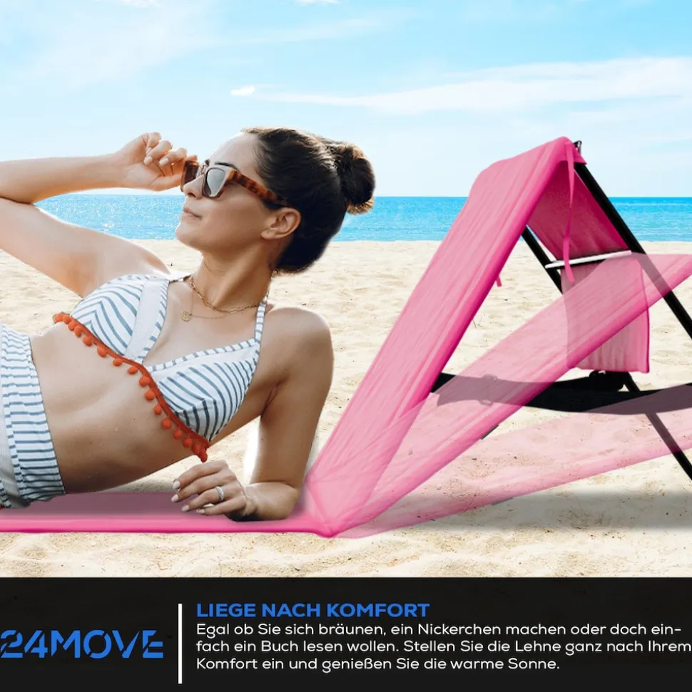 24MOVE® Strandmatte 1er Set klappbar mit Rückenlehne, Strandliege mit Gurt, tragbar für Strand und Garten, Liegematte rosa