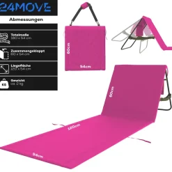 24MOVE® Strandmatte 1er Set klappbar mit Rückenlehne, Strandliege mit Gurt, tragbar für Strand und Garten, Liegematte rosa